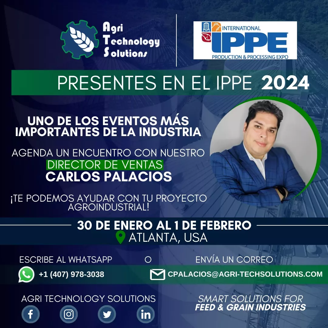 Nuestro director, Carlos Palacios, hará presencia en IPPE 2024, uno de los eventos más importantes de la industria. Aprovecha esta oportunidad para conversar con nuestro lider, y encontrar soluciones a tu proyecto agroindustrial. Estamos dispuestos a ayudarte, del 30 de enero al 1 de febrero, International Production & Processing Expo.